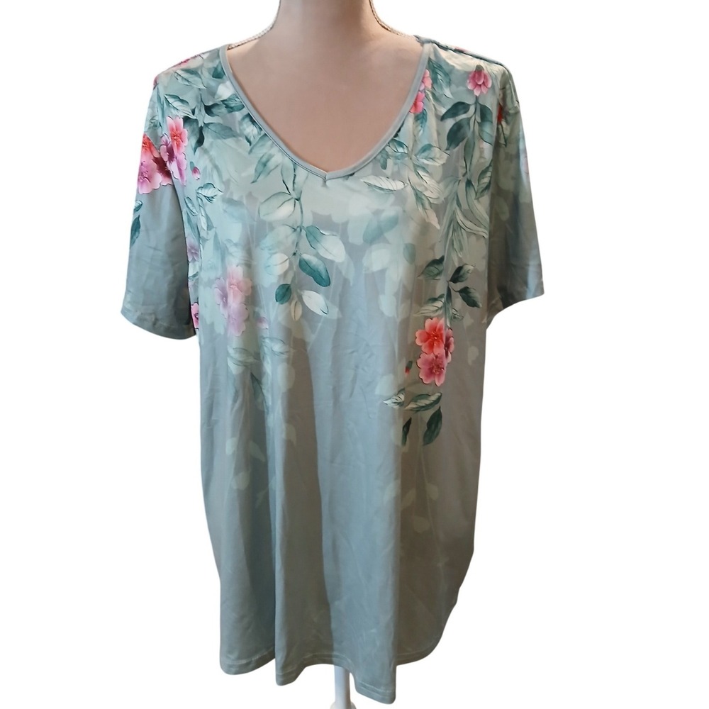 Emery Rose Womens Floral V-Neck Short Sleeve Top Sage Green Pink 1XL NEW